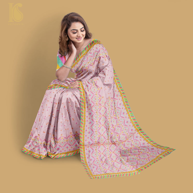 NERGİS -Azalea Pink Pure Sateen Silk Print Saree - Khinkhwab