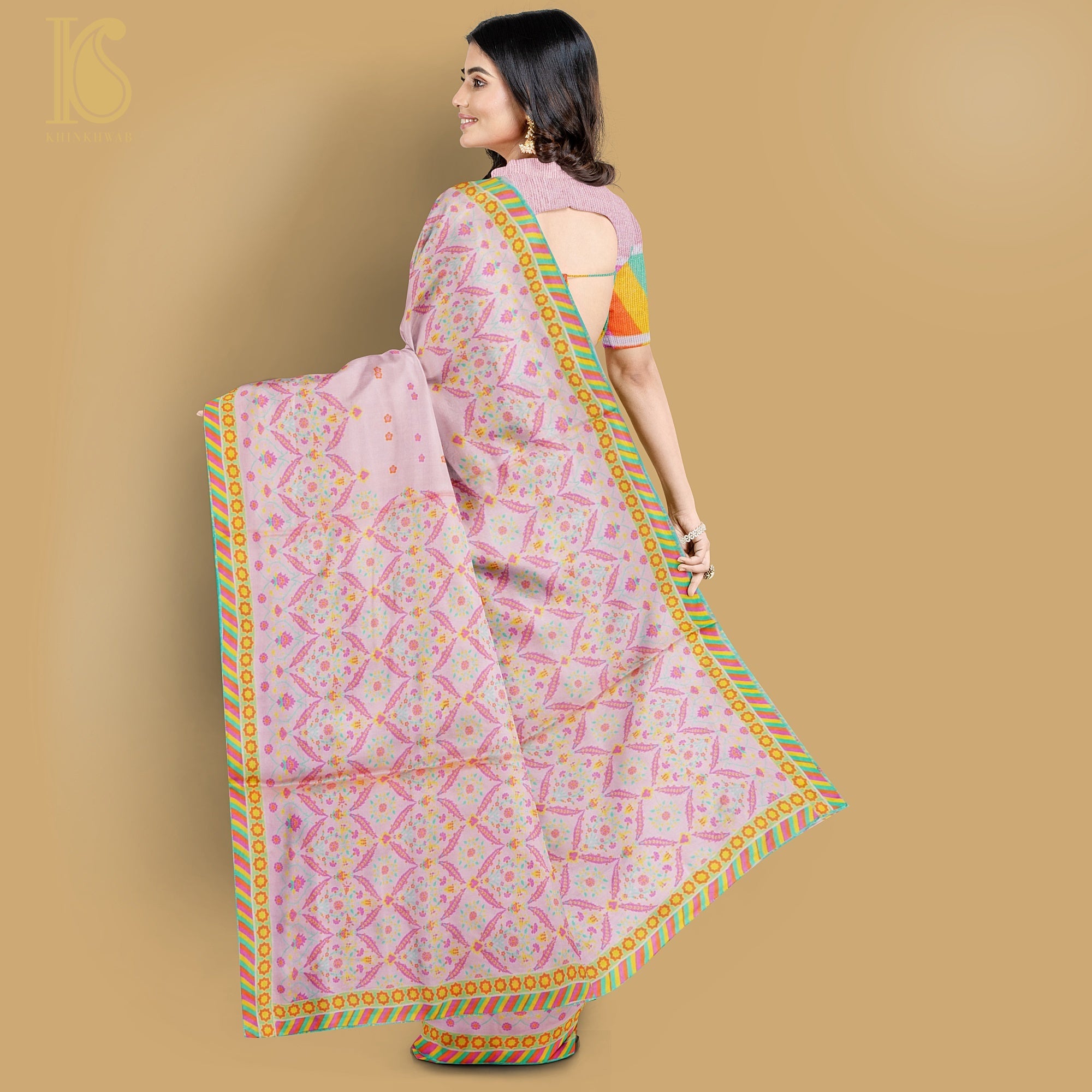 NERGİS -Azalea Pink Pure Sateen Silk Print Saree - Khinkhwab