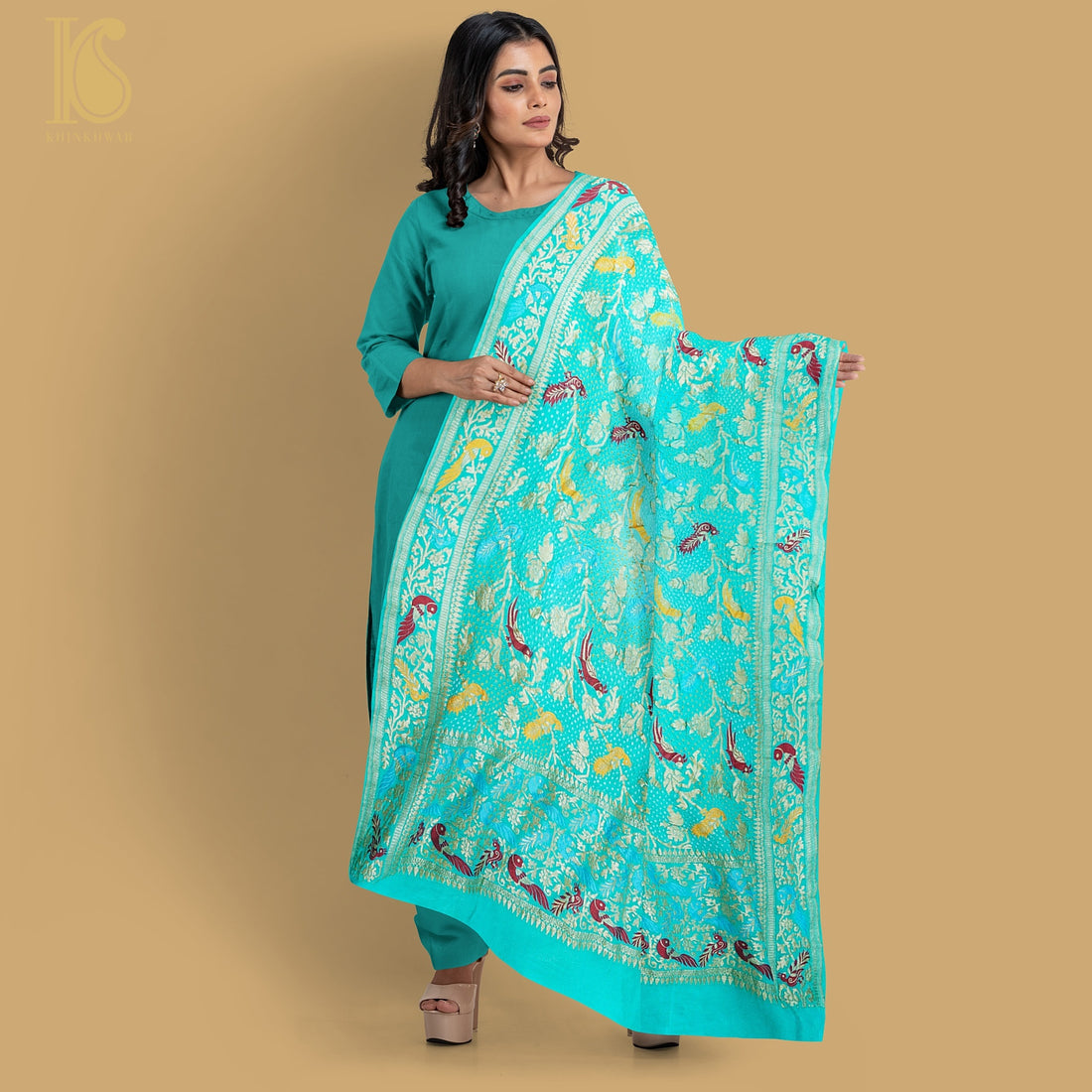 Turquoise Pure Georgette Handloom Banarasi Birds of Paradise Bandhani Dupatta - Khinkhwab