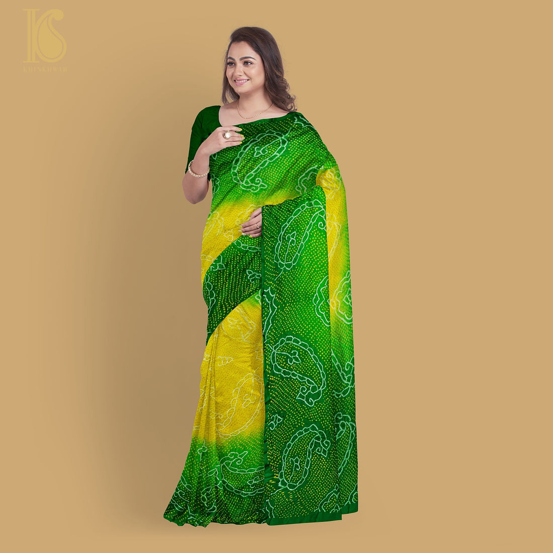 Green &amp; Yellow Pure Georgette Handloom Bandhani Saree - Khinkhwab