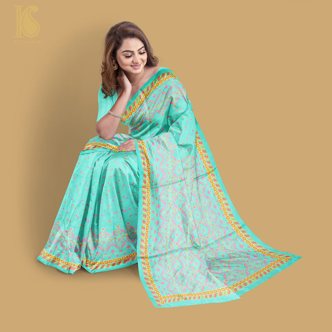 NERGİS - Turquoise Blue Pure Sateen Silk Print Saree - Khinkhwab