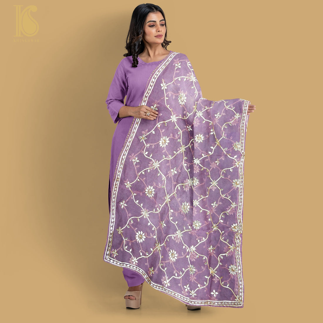 Ce Soir Purple Pure Organza Silk Dupatta with Kachhi Patti Embroidery - Khinkhwab