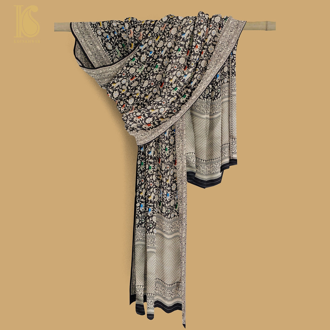 Preorder : Black Pure Katan Silk Handwoven Banarasi Shikargah Dupatta - Khinkhwab