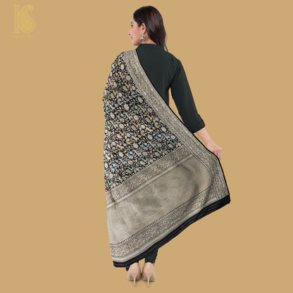 Preorder : Black Pure Katan Silk Handwoven Banarasi Shikargah Dupatta - Khinkhwab