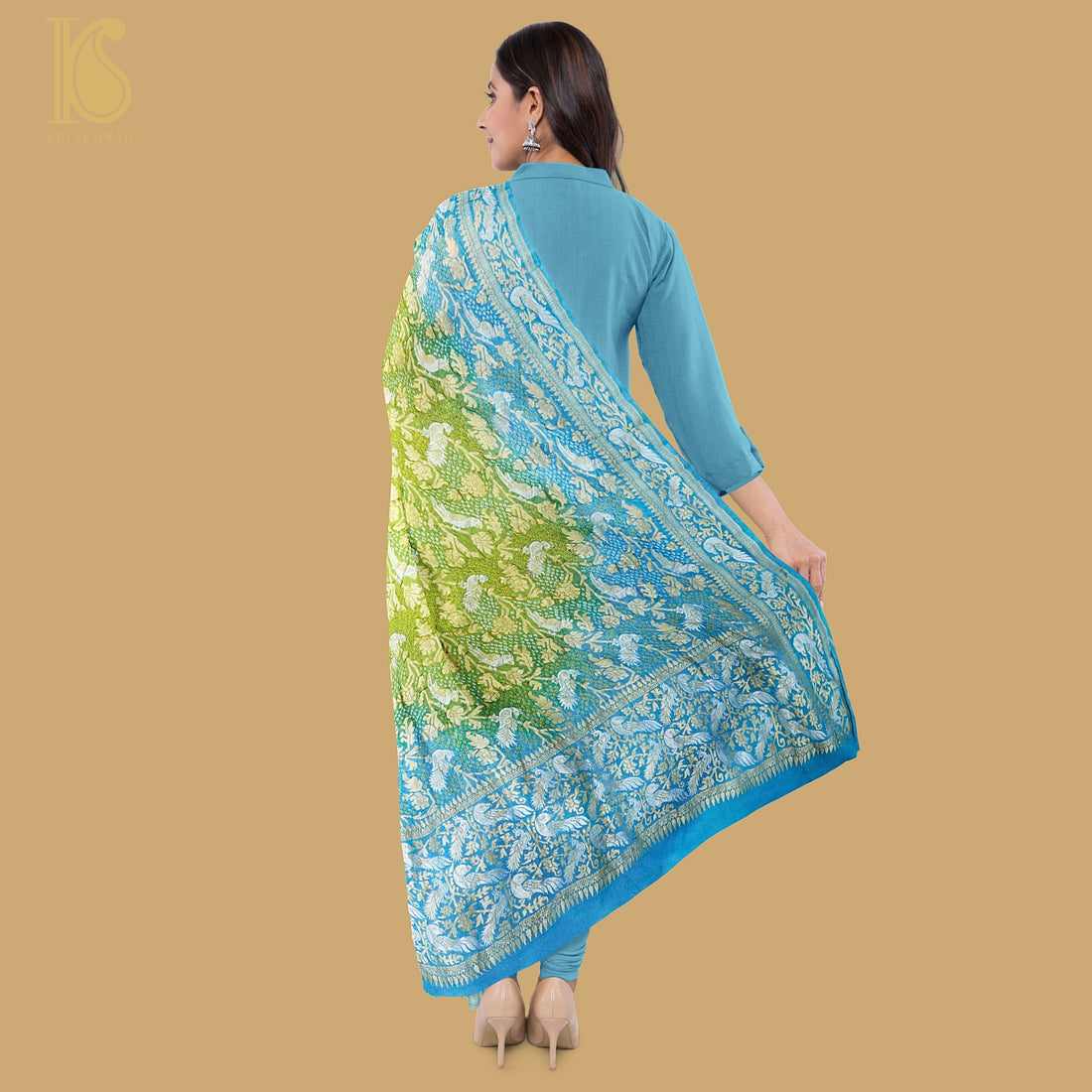 Blue & Green Pure Georgette Handloom Banarasi Birds of Paradise Bandhani Dupatta - Khinkhwab