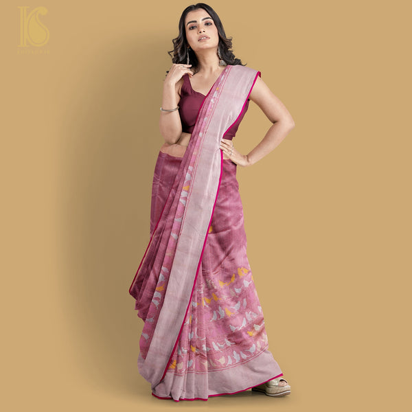 Pink Handwoven Pure Chanderi Bird Saree - Khinkhwab