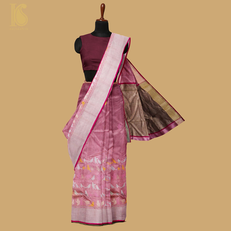 Pink Handwoven Pure Chanderi Bird Saree - Khinkhwab