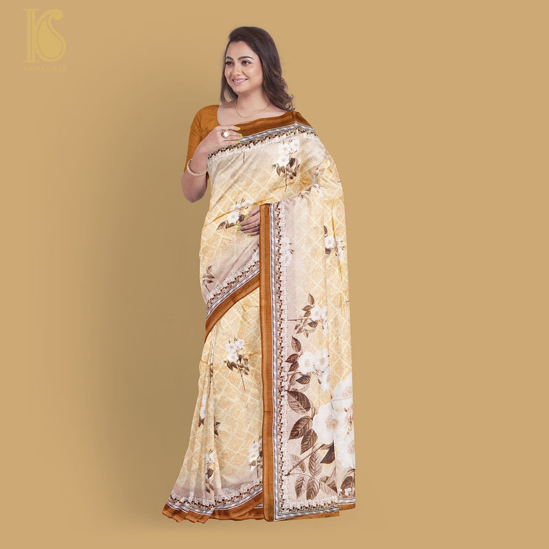 Brown Pure Cotton Floral Digital Print Saree - Khinkhwab