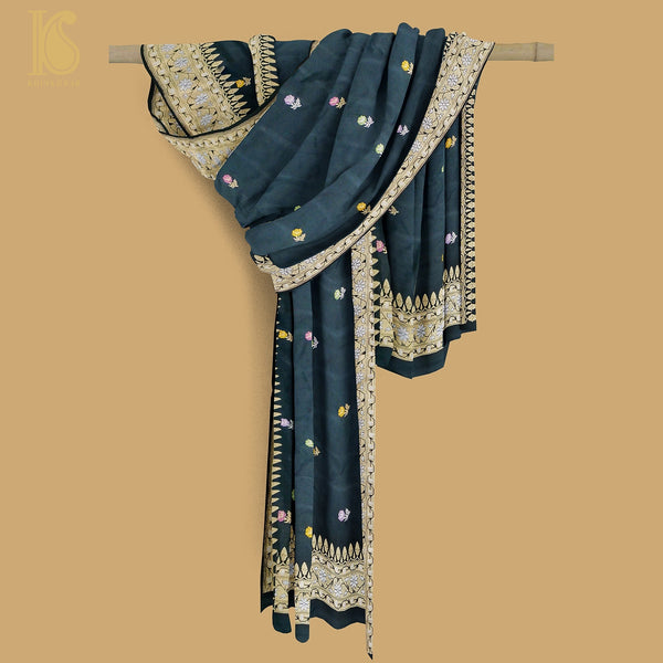Kumudini -Black Handloom Katan Silk Banarasi Kadwa Ektara Dupatta - Khinkhwab