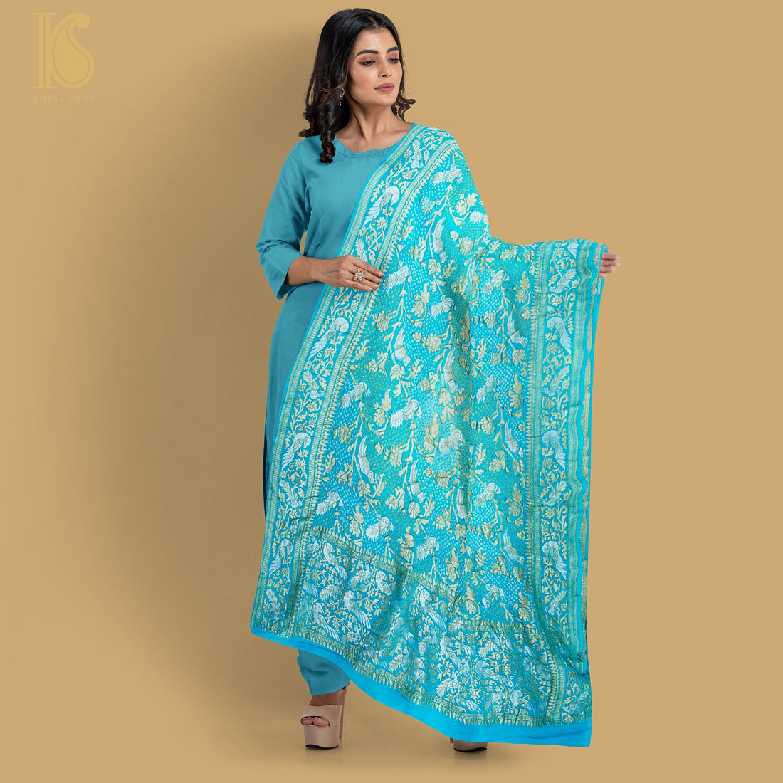 Blue Pure Georgette Handloom Banarasi Birds of Paradise Bandhani Dupatta - Khinkhwab