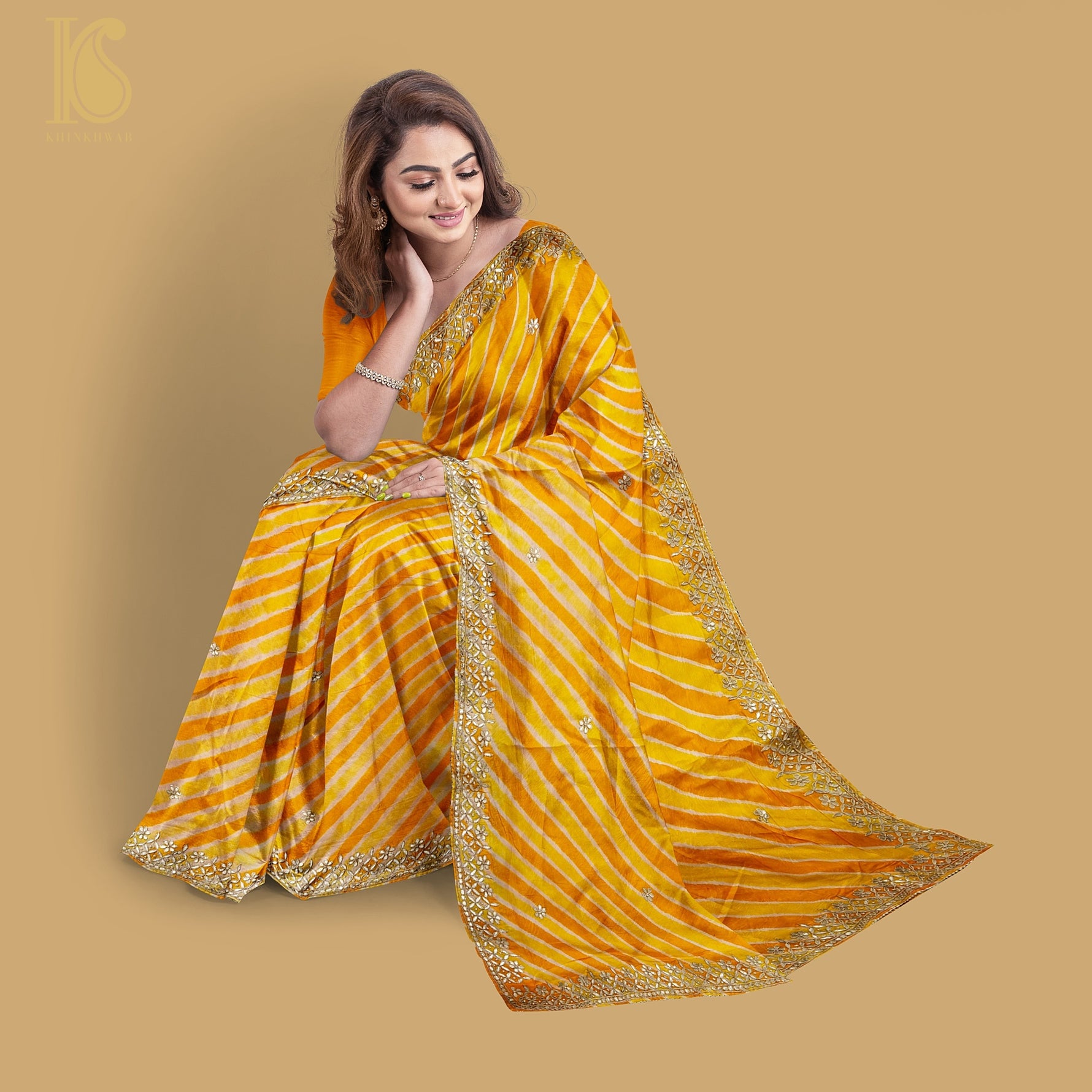 Yellow - Leheriya Tie-Dye Tussar Silk Handloom Dupatta with Tassels