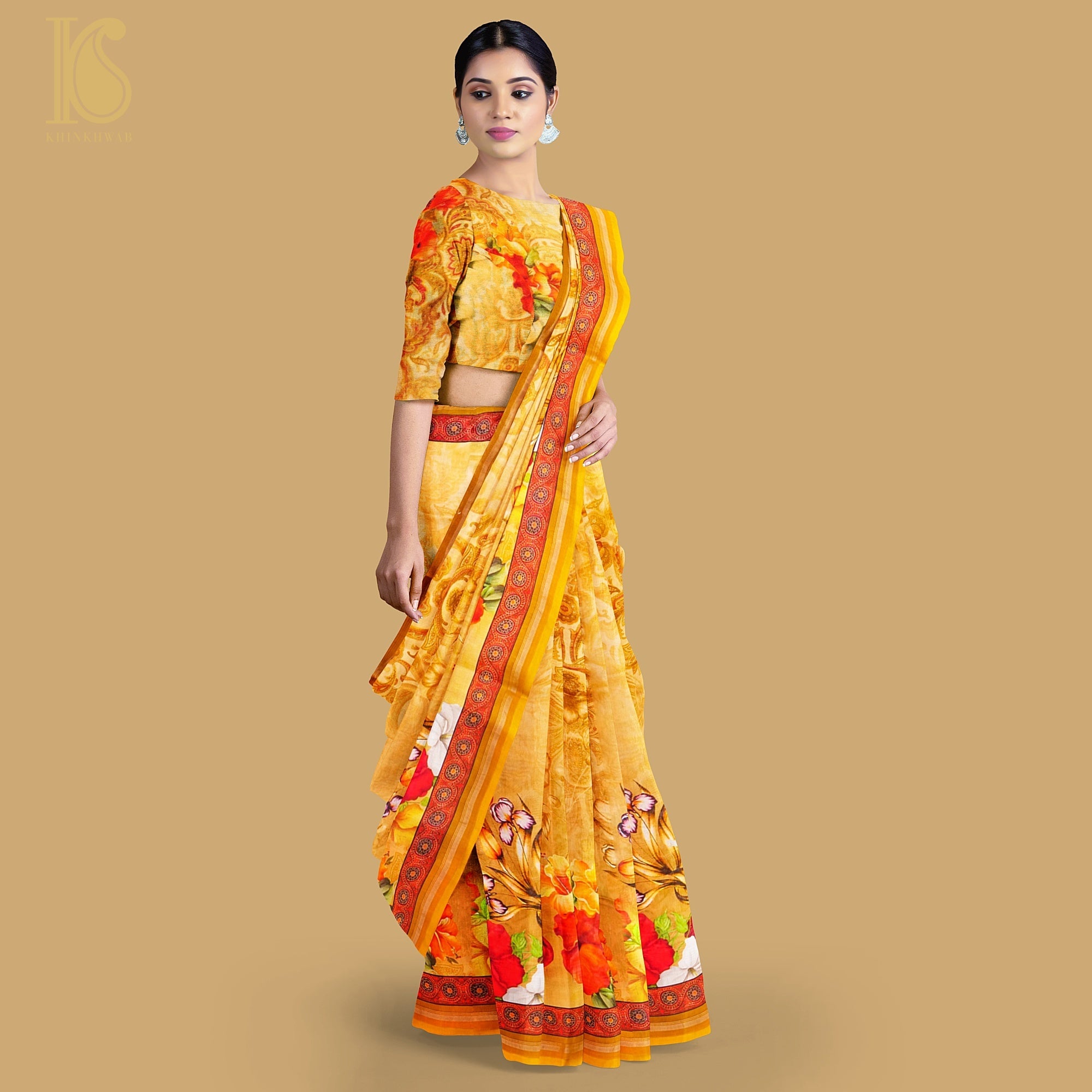 Yellow Pure Cotton Floral Digital Print Saree - Khinkhwab