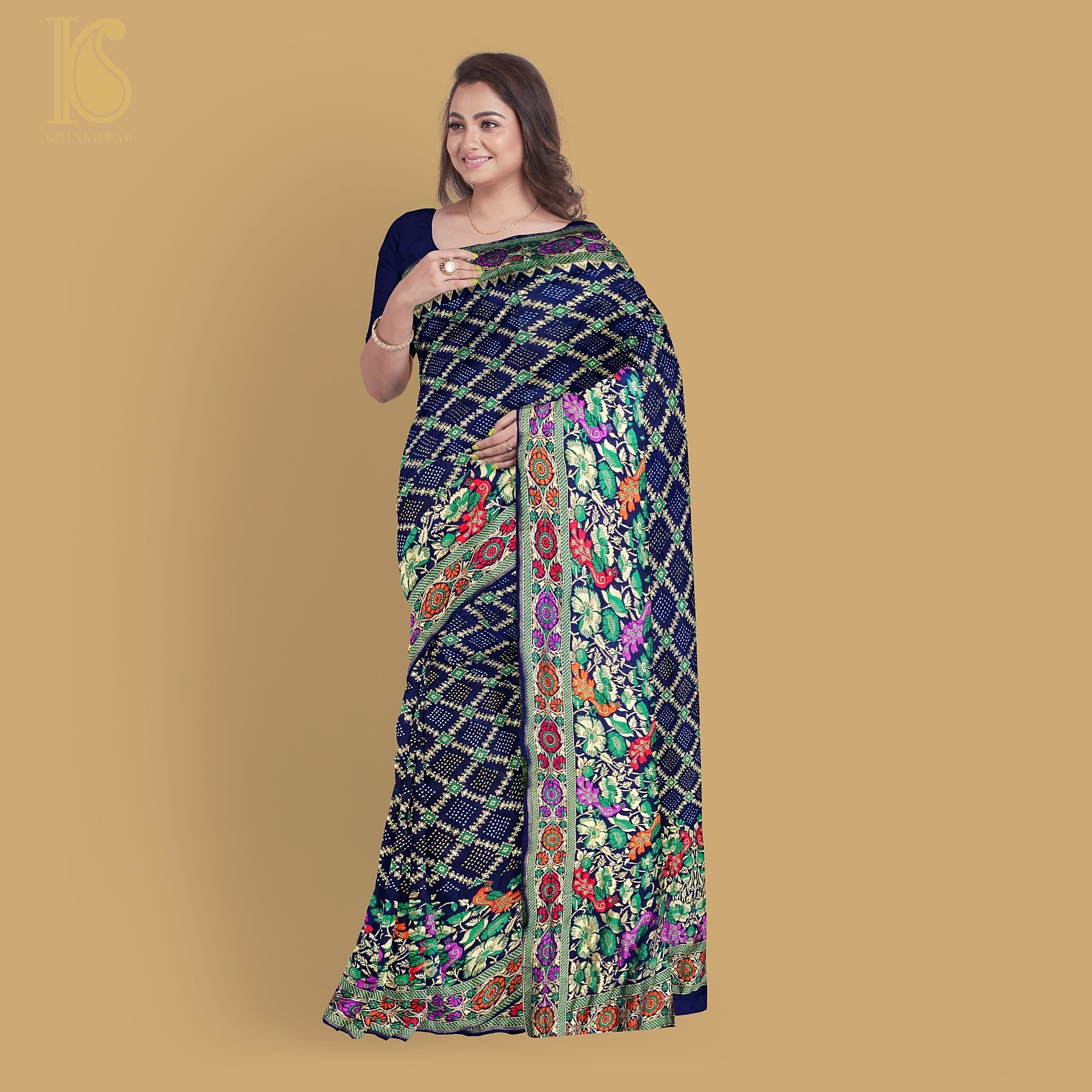 Spectacular Silk Blue and Green Patch Border Bandhani Saree -