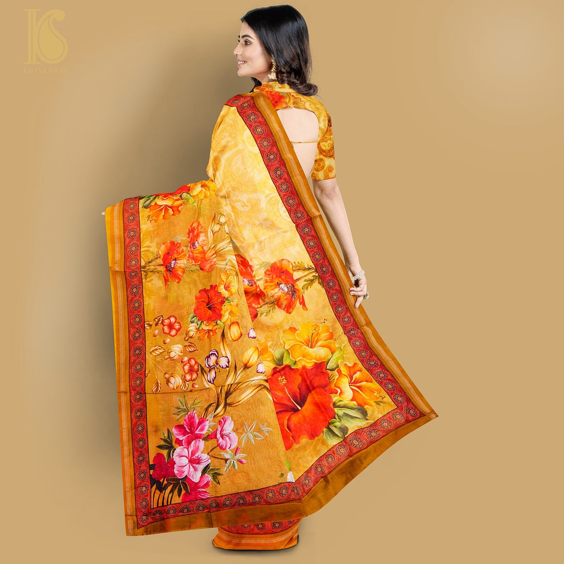 Yellow Pure Cotton Floral Digital Print Saree - Khinkhwab