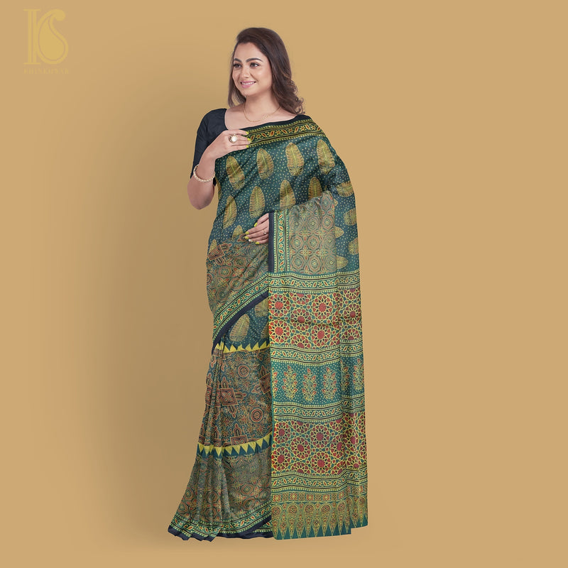 Teal Blue Hand Block Ajrakh Modal Silk Saree - Khinkhwab