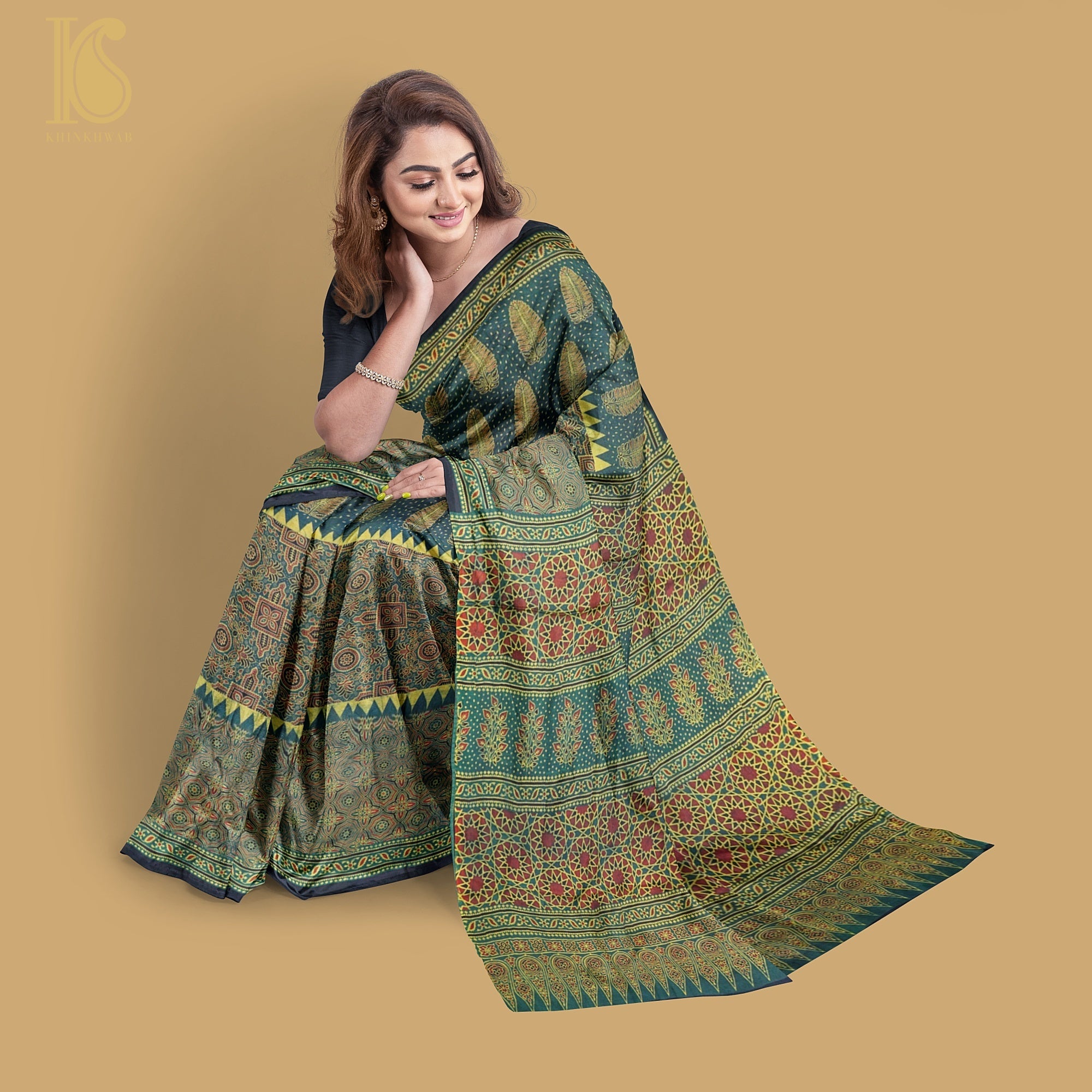 Modal silk saree with mirror work, with stitched blouse – Z'Bella Couture