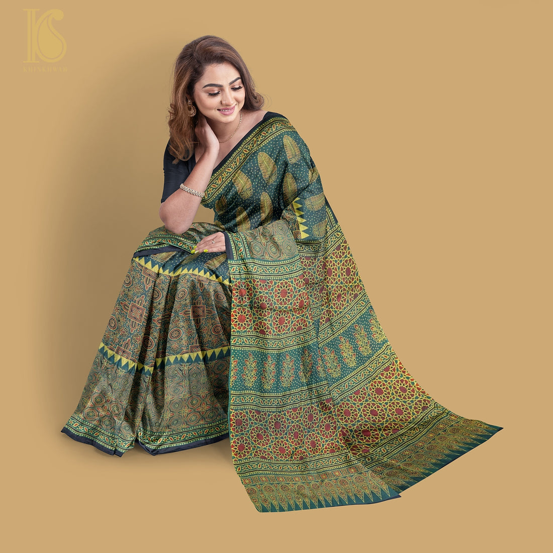 Teal Blue Hand Block Ajrakh Modal Silk Saree - Khinkhwab