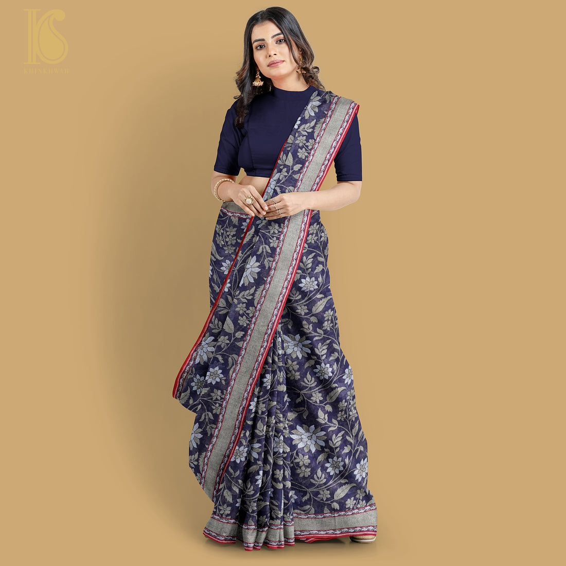 Blue Pure Cotton Handloom Banarasi Jamdani Ektara Saree - Khinkhwab