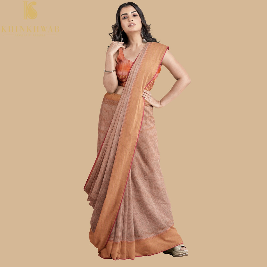 Orange Handwoven Pure Cotton Silk Maheshwari Saree - Khinkhwab