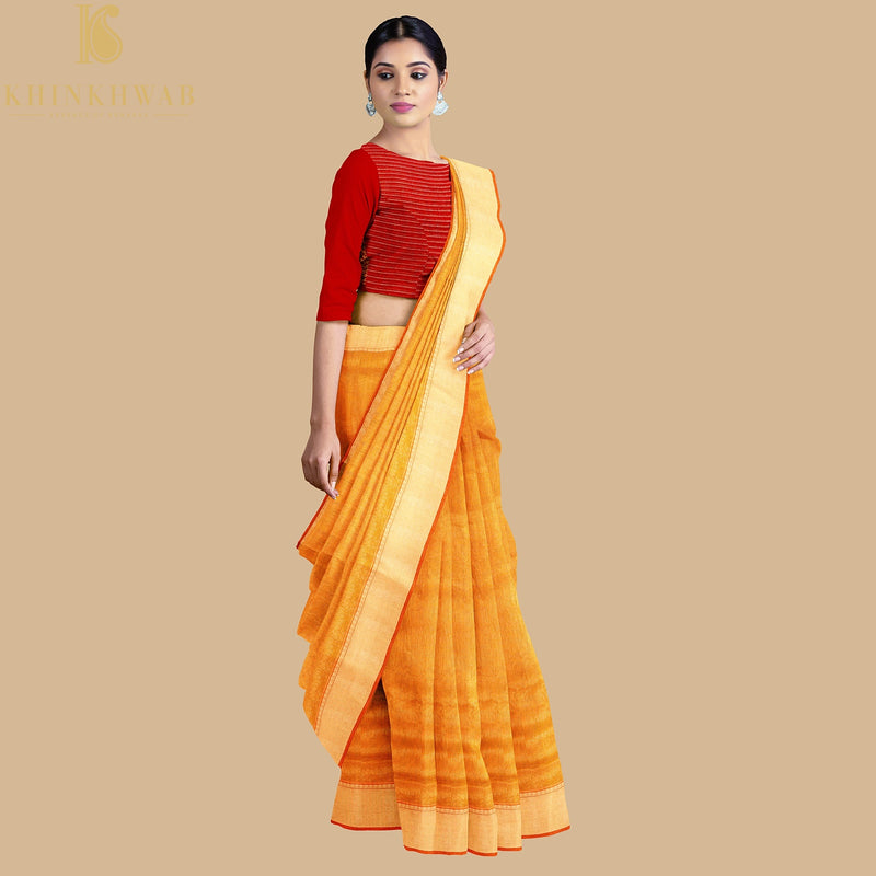 Orange Handwoven Pure Cotton Silk Maheshwari Saree - Khinkhwab