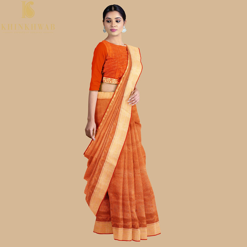 Tawny Orange Handwoven Pure Cotton Silk Maheshwari Saree - Khinkhwab