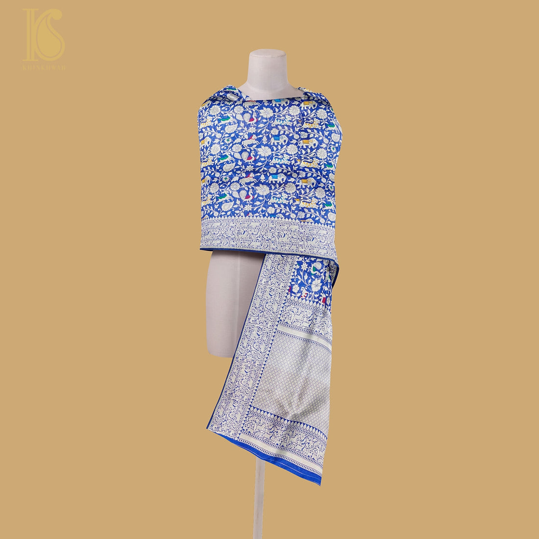 Egyptian Blue Pure Katan Silk Handwoven Banarasi Shikargah Dupatta - Khinkhwab