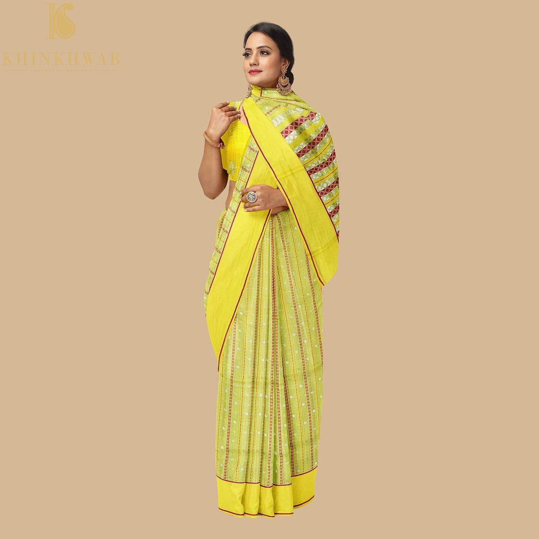 Handwoven Sunflower Yellow Real Zari Kota Silk Stripes Saree - Khinkhwab