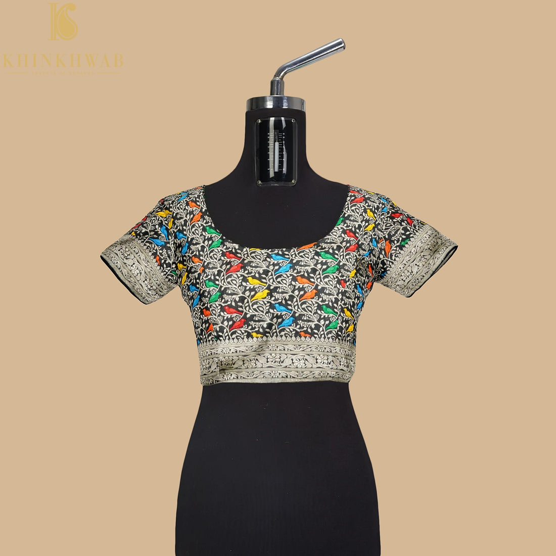 Handwoven Black Pure Katan Silk Banarasi Birds Fabric - Khinkhwab