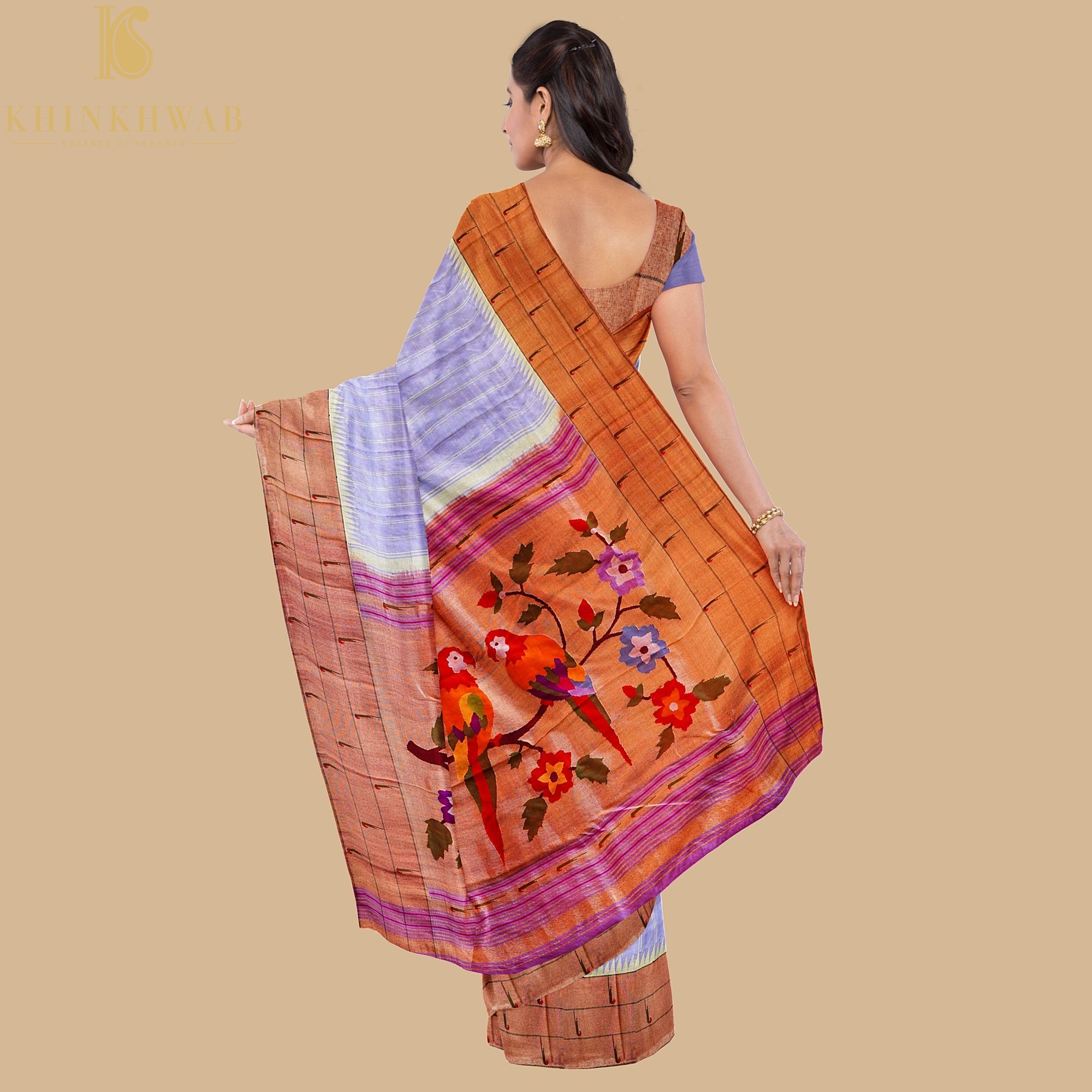 Orange Paithani Silk Handloom Saree with Triple Muniya Border Design p –  Uppada