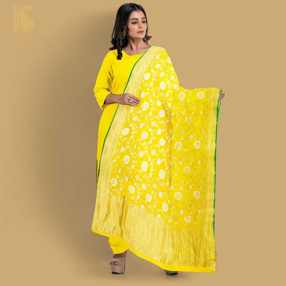 Yellow Pure Georgette Handloom Banarasi Dupatta - Khinkhwab