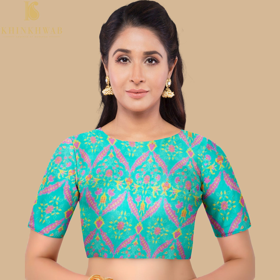 NERGİS - Turquoise Pure Sateen Silk Print Fabric - Khinkhwab