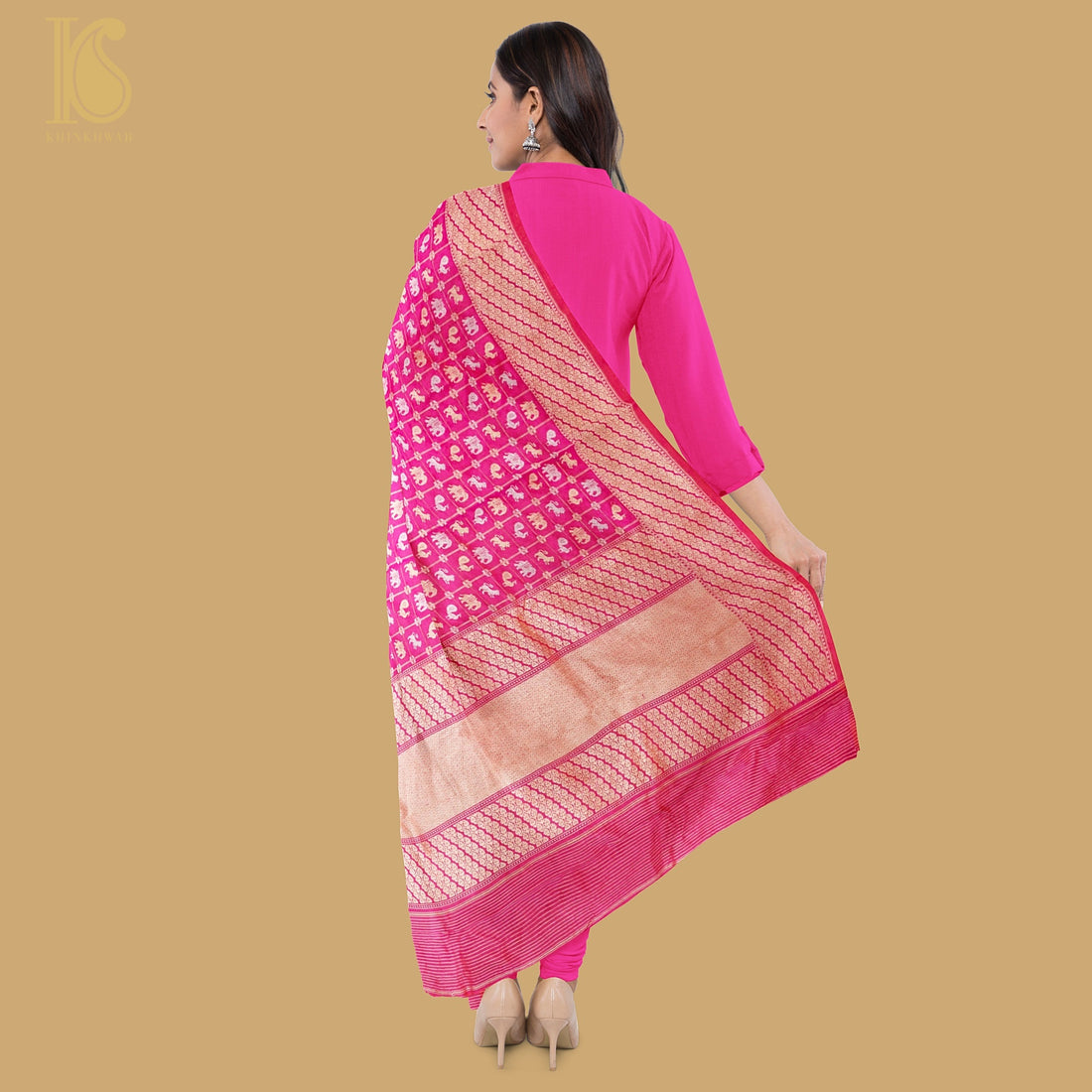 Cerise Pink Pure Katan Silk Handwoven Banarasi Kadwa Peacock Dupatta - Khinkhwab