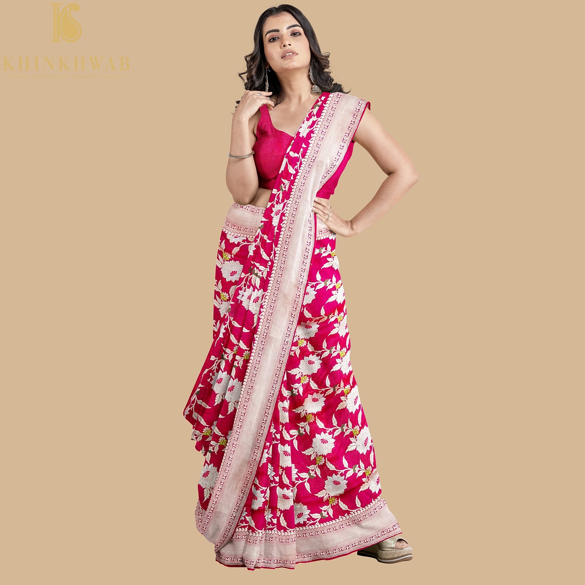 Jazzberry Jam Katan Silk Handloom Banarasi Kadwa Jangla Saree - Khinkhwab