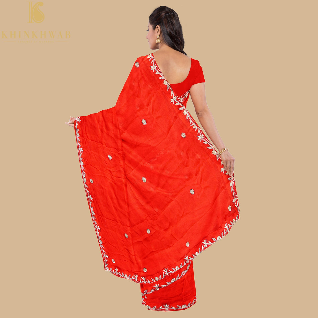 Red Pure Handloom Georgette Embroidery Saree - Khinkhwab