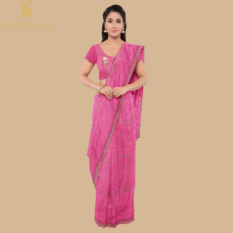 Tickle Me Pink Pure Georgette Embroidery Saree - Khinkhwab