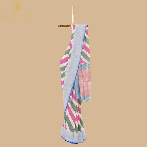 Pink & Green Pure Georgette Handloom Stripes Banarasi Saree - Khinkhwab