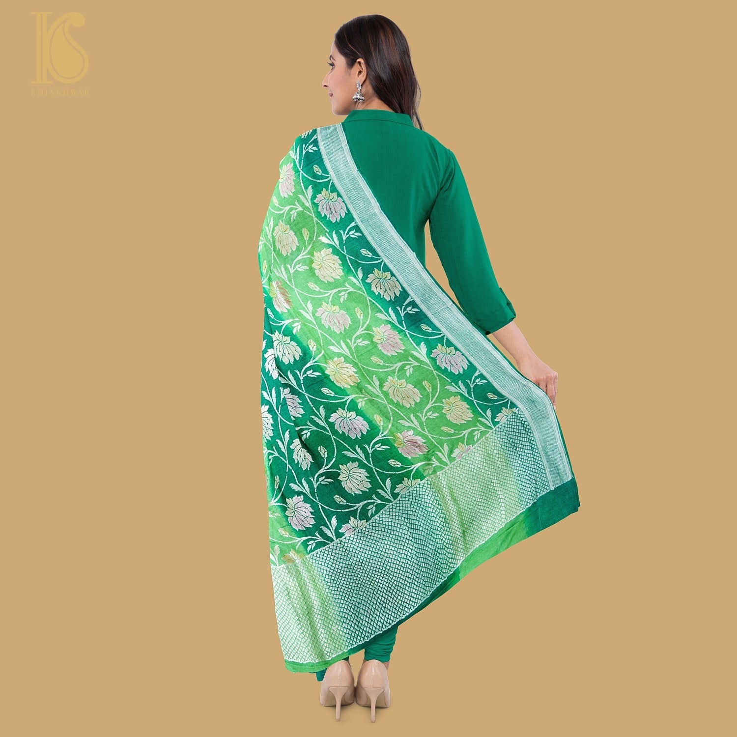 Fern Green Banarasi Moonga Silk Dupatta with Hand Brush - Khinkhwab