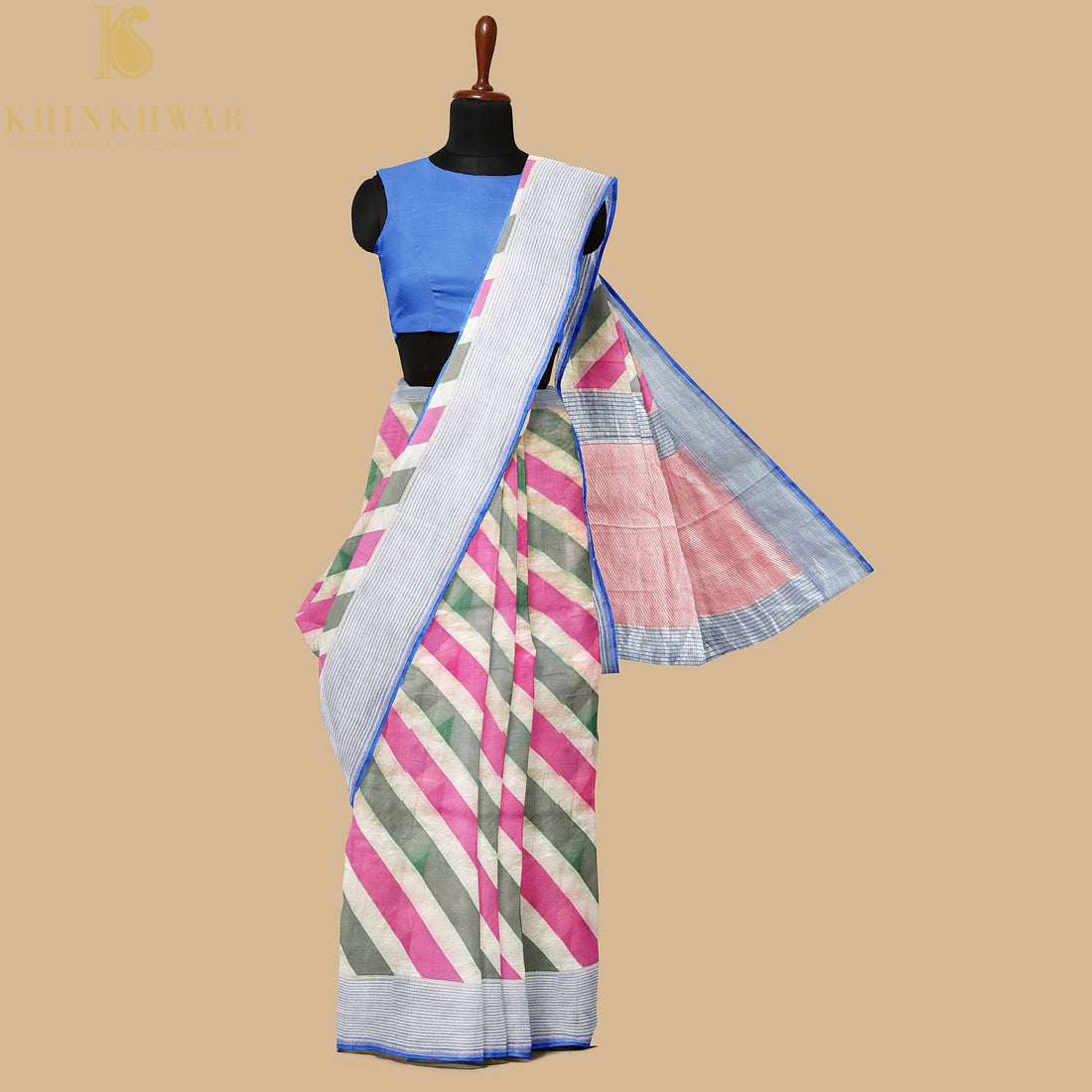 Pink & Green Pure Georgette Handloom Stripes Banarasi Saree - Khinkhwab