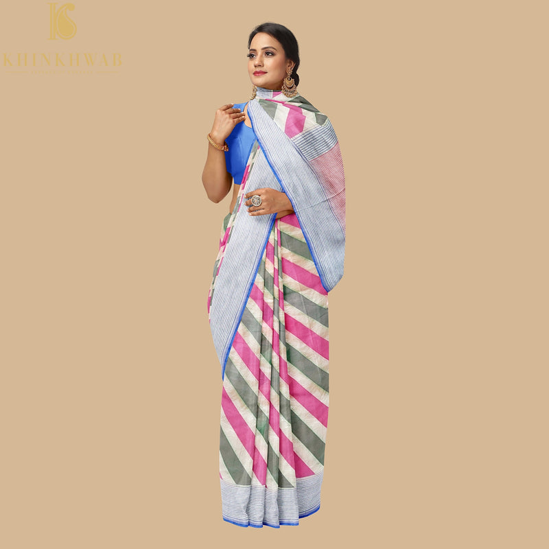 Pink & Green Pure Georgette Handloom Stripes Banarasi Saree - Khinkhwab
