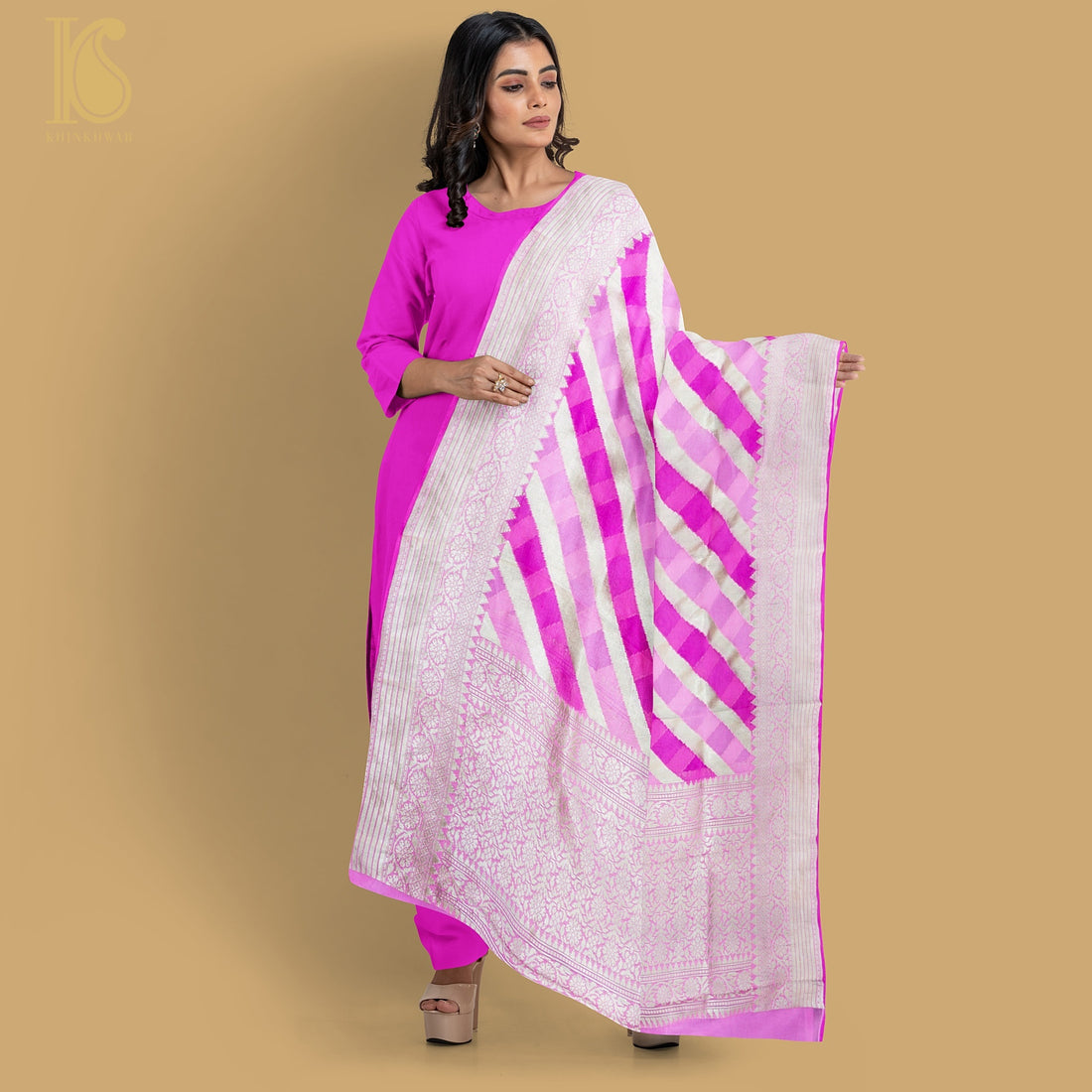 Pink Pure Georgette Handloom Banarasi Stripes Dupatta - Khinkhwab