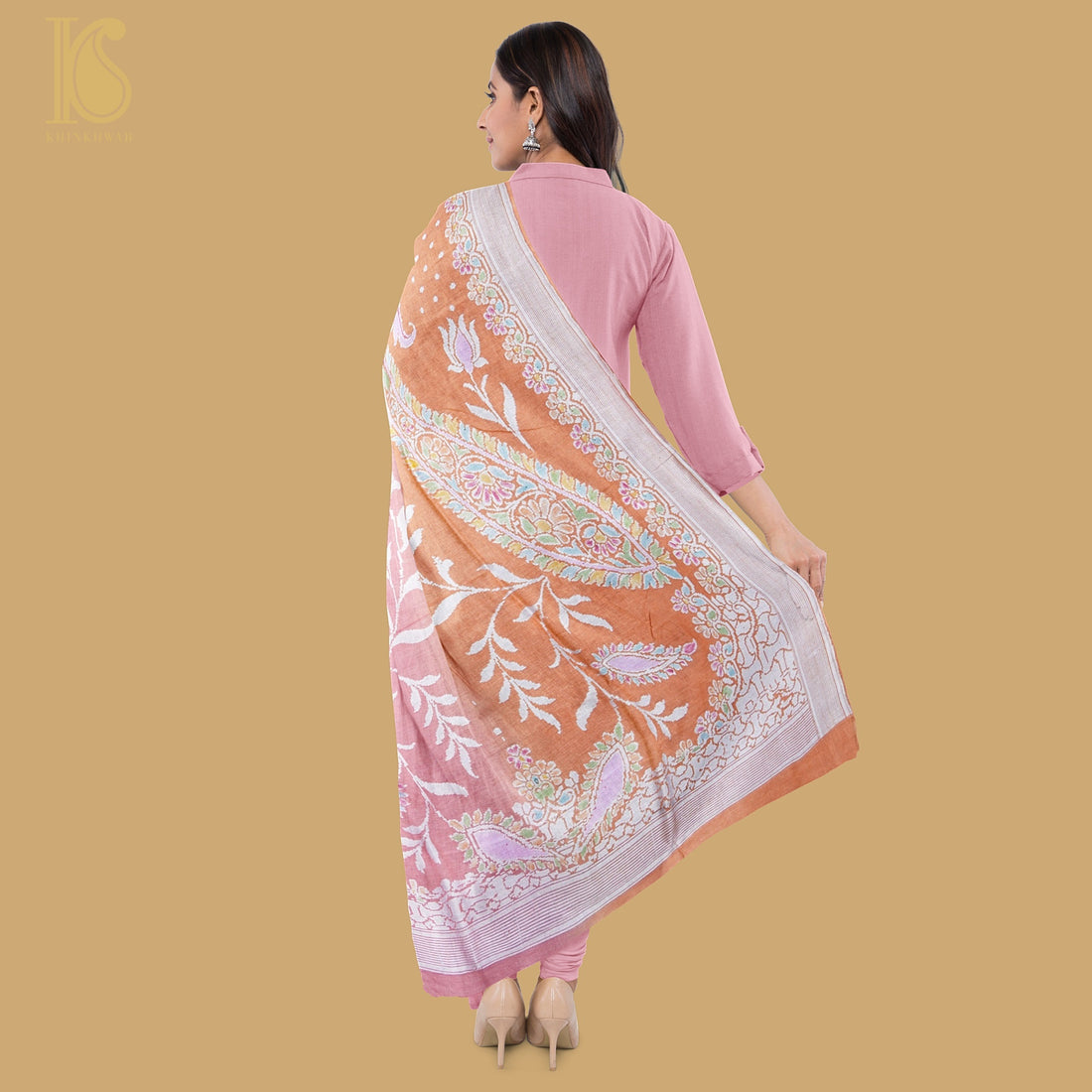 Sea Pink Banarasi Moonga Silk Dupatta with Hand Brush - Khinkhwab