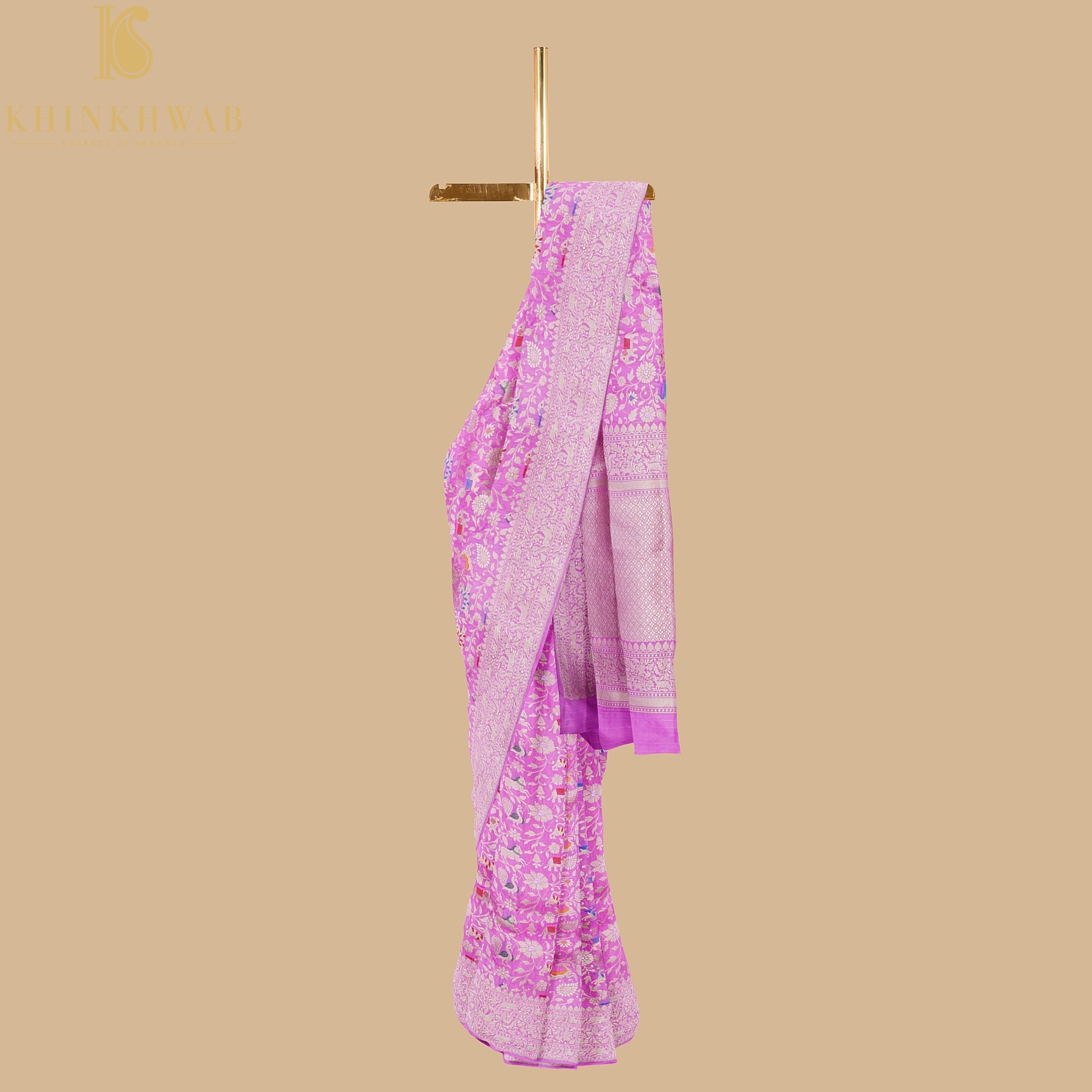 Handloom Katan Silk Orchid Pink Banarasi Shikargah Saree - Khinkhwab