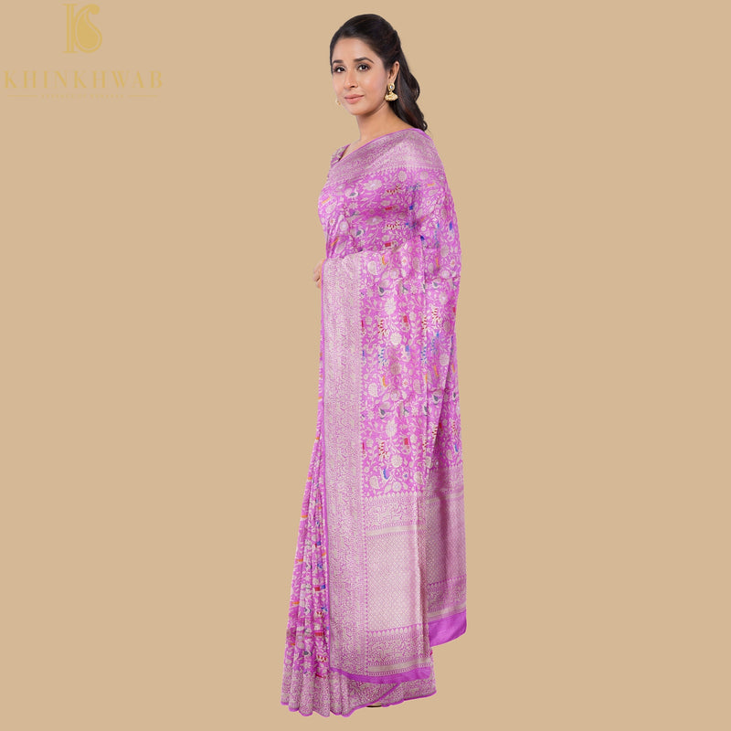 Handloom Katan Silk Orchid Pink Banarasi Shikargah Saree - Khinkhwab