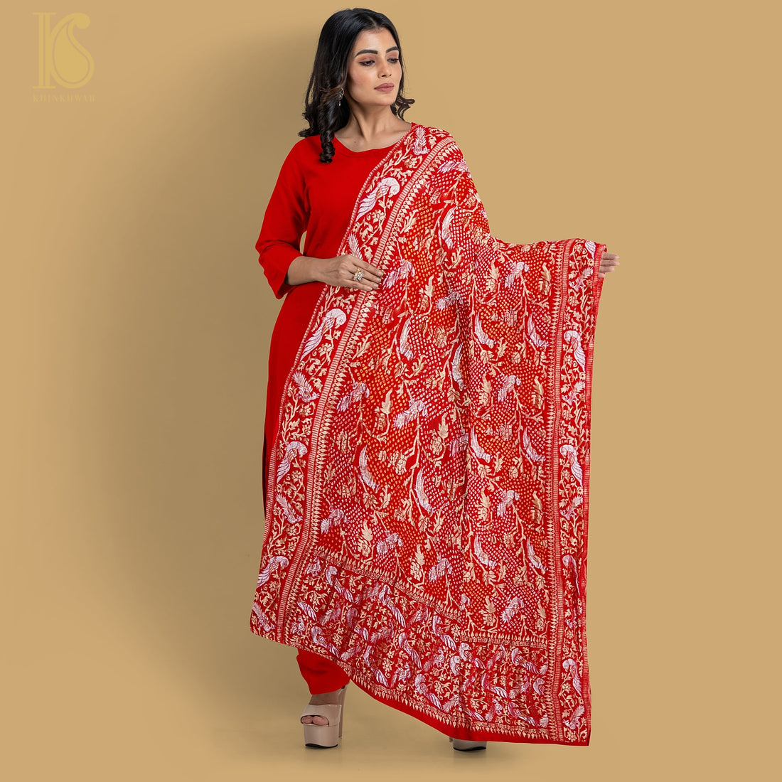 Venetian Red Georgette Handloom Bandhani Banarasi Birds Dupatta - Khinkhwab