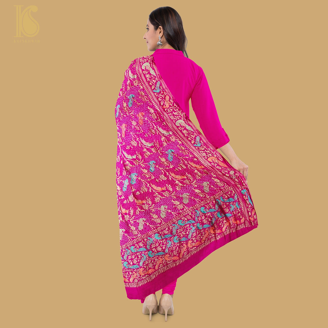 Pink Georgette Bandhani Handloom Banarasi Shikargah Dupatta - Khinkhwab