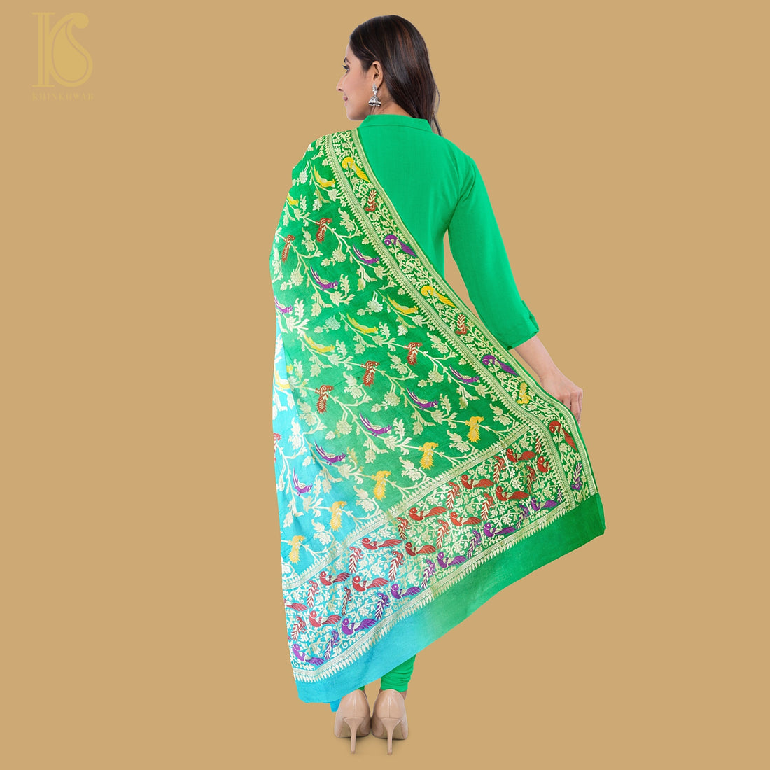 Blue & Green Pure Georgette Banarasi Meenakari Birds Dupatta - Khinkhwab