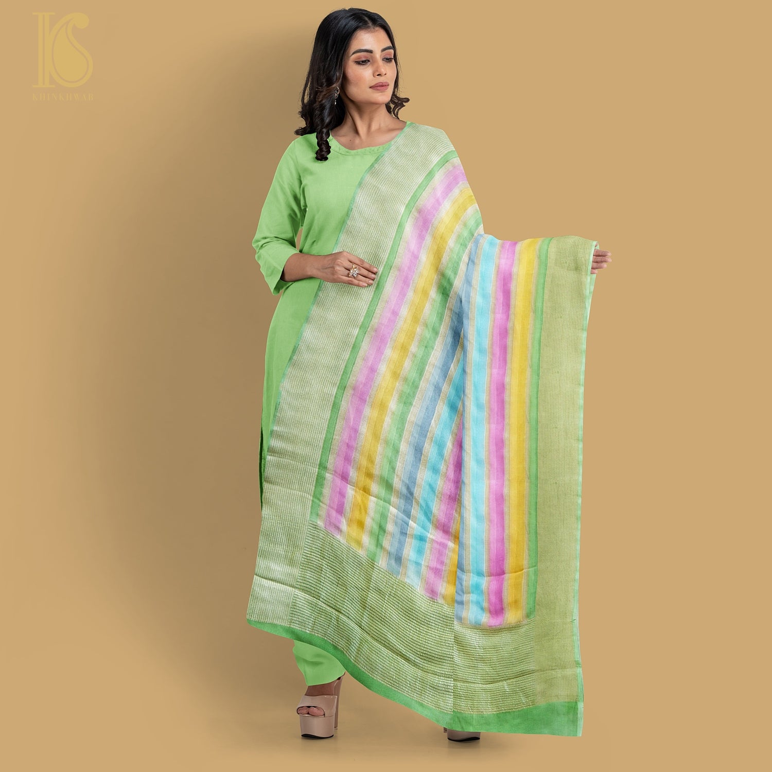 Fern Green Pure Georgette Handloom Banarasi Stripes Dupatta - Khinkhwab