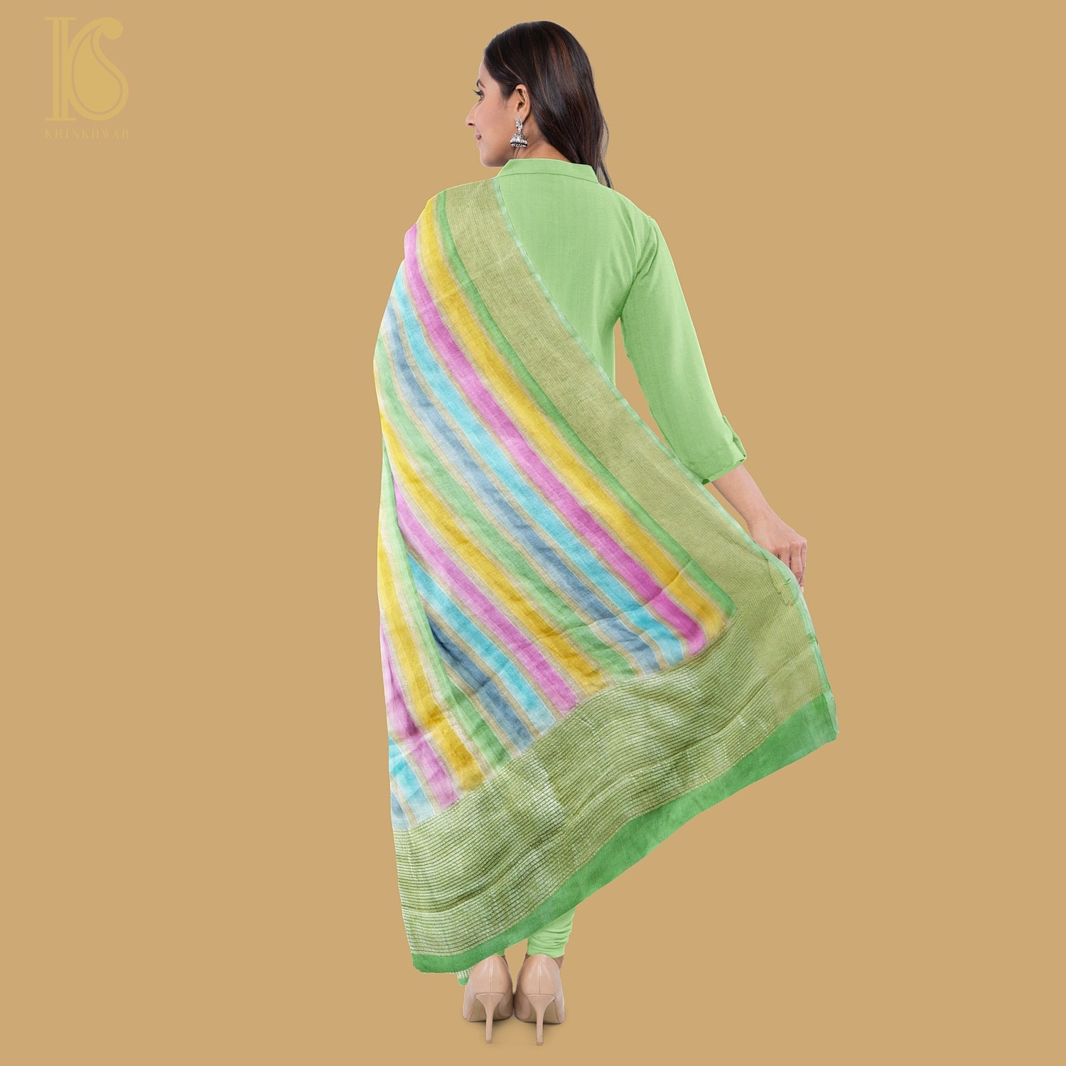 Fern Green Pure Georgette Handloom Banarasi Stripes Dupatta - Khinkhwab