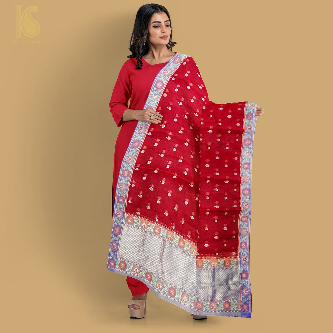 Venetian Red Handloom Pure Kora Silk Banarasi Kadwa Dupatta - Khinkhwab