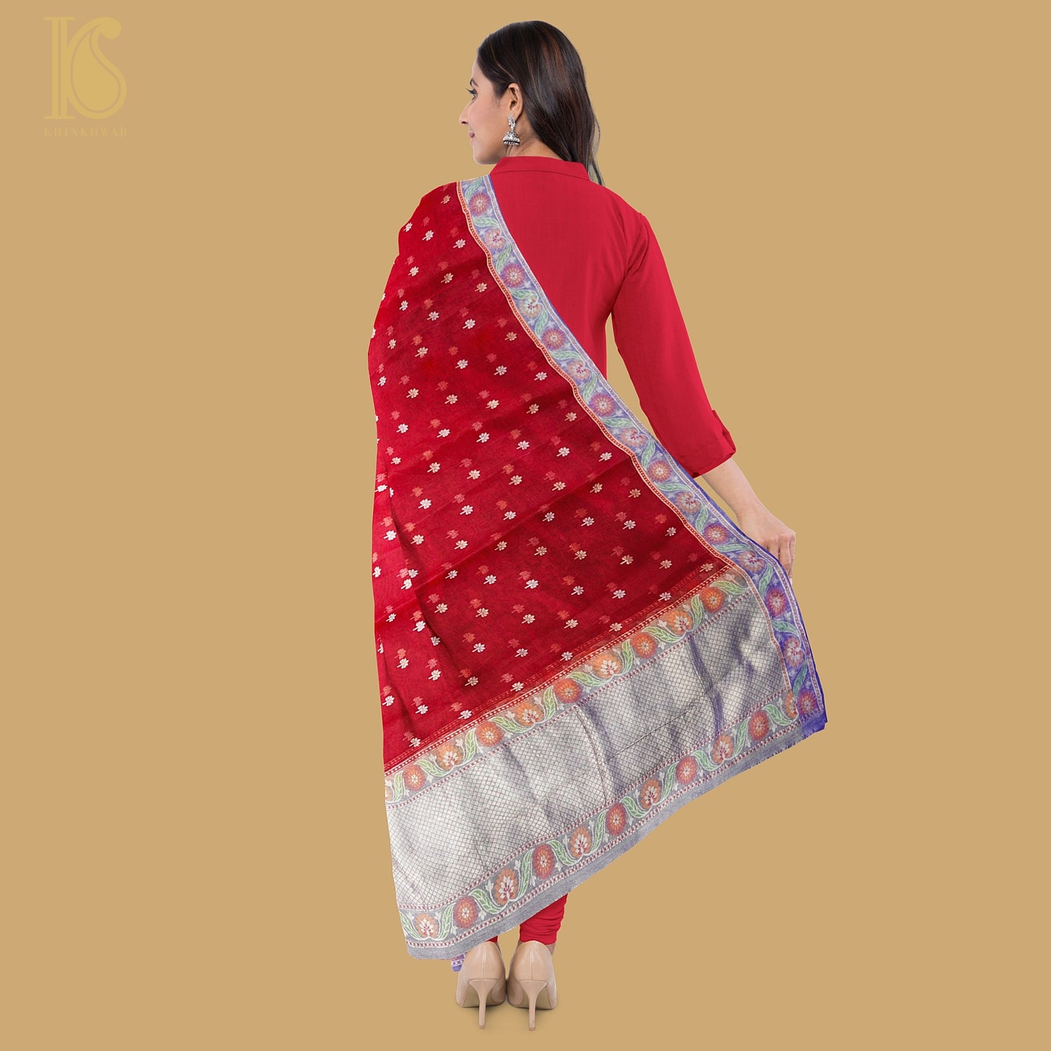 Venetian Red Handloom Pure Kora Silk Banarasi Kadwa Dupatta - Khinkhwab
